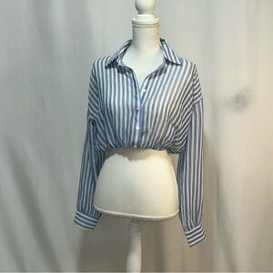 French Kyss White and Blue Striped Crop Button Down